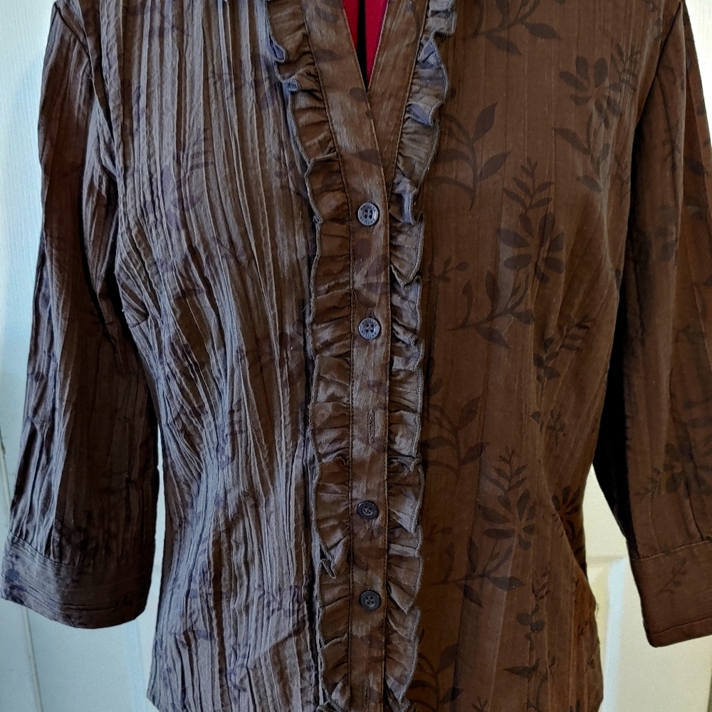Ladies Blouse Small Floral Brown Ruffle Femme Shir